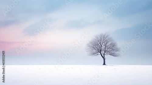  a lone tree stands alone in a snowy field at sunset.  generative ai © Jevjenijs