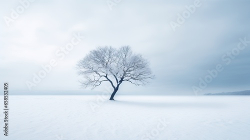  a lone tree stands alone in a snowy field with a distant mountain in the distance.  generative ai © Jevjenijs