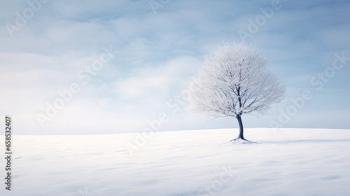  a lone tree stands alone in a snowy field under a blue sky.  generative ai © Jevjenijs