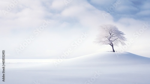  a lone tree stands alone in a snowy field under a cloudy sky. generative ai