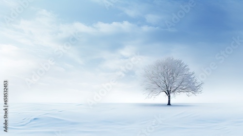  a lone tree stands alone in a snowy field under a blue sky. generative ai