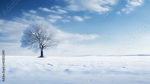  a lone tree in a snowy field under a blue sky.  generative ai © Jevjenijs