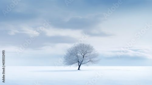  a lone tree stands alone in a snowy field with a blue sky in the background. generative ai