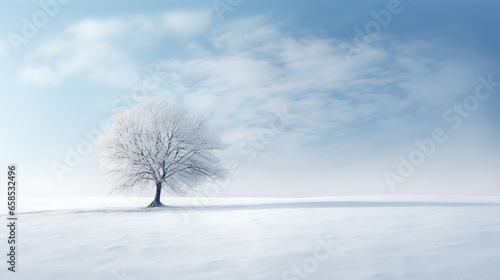  a lone tree stands alone in a snowy field under a blue sky. generative ai