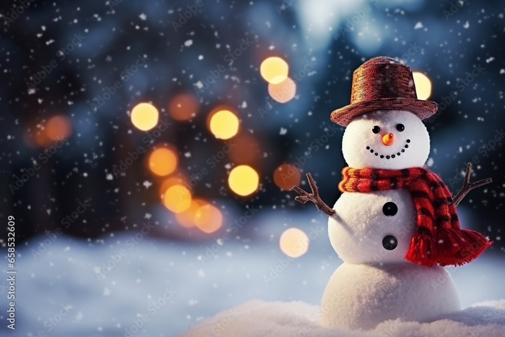 christmas decoration with cute cheerful snowman in winter