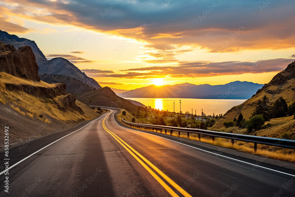 Asphalt road through hilly terrain at sunset.