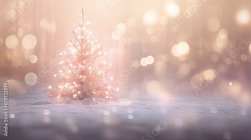  a small white christmas tree on a snowy surface with lights. generative ai