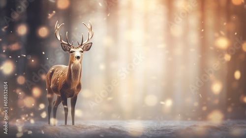  a deer standing in the middle of a forest with snow falling.  generative ai © Jevjenijs