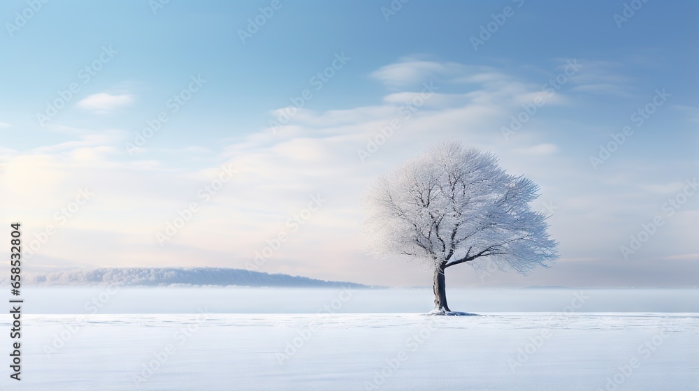  a lone tree stands alone in a snowy field with a mountain in the background.  generative ai