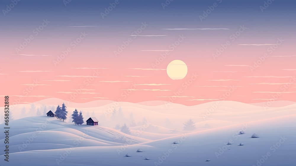  a painting of a snowy landscape with a sunset in the background.  generative ai