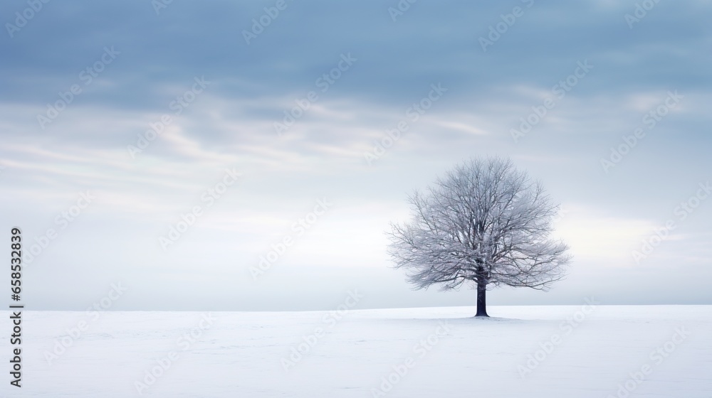 a lone tree stands alone in a snowy field under a cloudy sky. generative ai a lone tree stands alone in a snowy field under a cloudy sky. generative ai