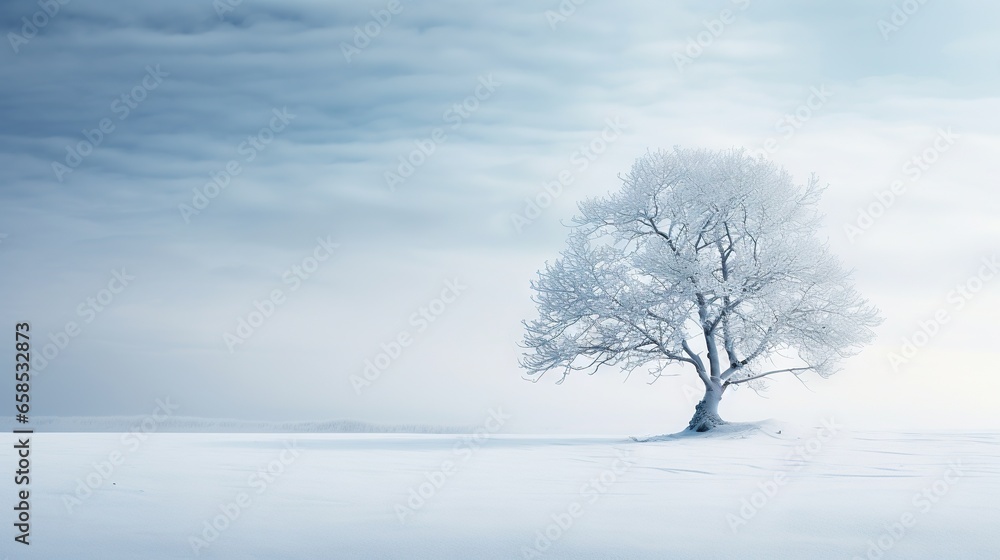  a lone tree stands alone in a snowy field with a blue sky in the background.  generative ai