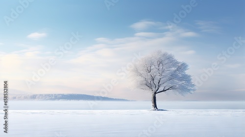  a lone tree stands alone in a snowy field with a mountain in the background. generative ai