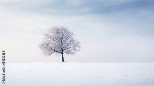  a lone tree stands alone in a snowy field on a cloudy day. generative ai