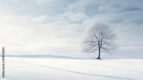  a lone tree stands alone in a snowy field with tracks in the snow. generative ai