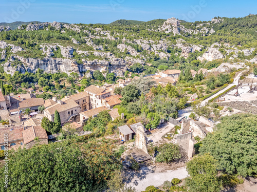 Aerial view of the city and the castle of Les Beaux de Provence, South of France