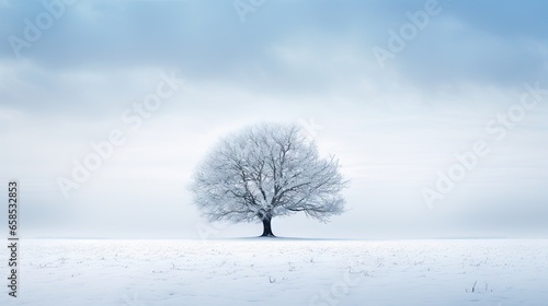  a lone tree stands alone in a snow covered field under a cloudy sky. generative ai