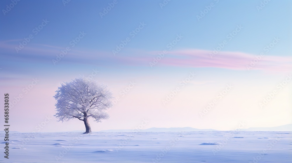 a lone tree stands alone in a snowy field with a pink sky. generative ai a lone tree stands alone in a snowy field with a pink sky. generative ai