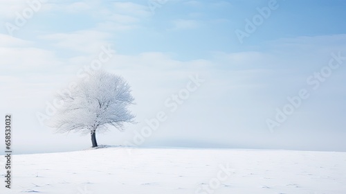  a lone tree stands alone in a snowy field on a sunny day. generative ai