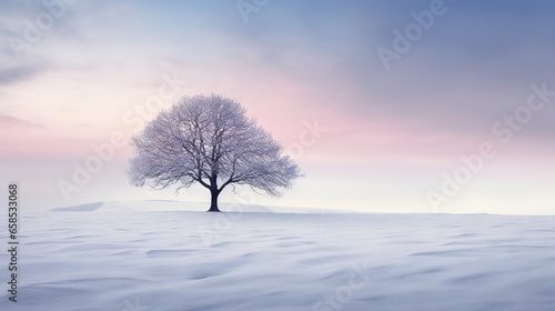  a lone tree stands alone in a snowy field at sunset. generative ai
