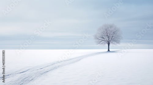  a lone tree in a snowy field with a trail leading to it. generative ai