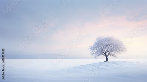  a lone tree stands alone in a snowy field at sunset. generative ai