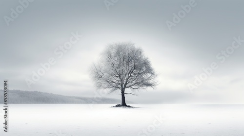  a lone tree stands alone in a snowy field with a mountain in the background.  generative ai © Jevjenijs