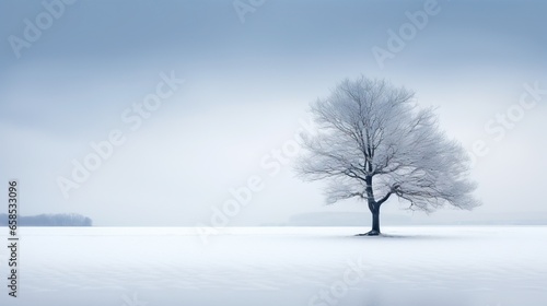  a lone tree stands alone in a snowy field with a mountain in the distance. generative ai