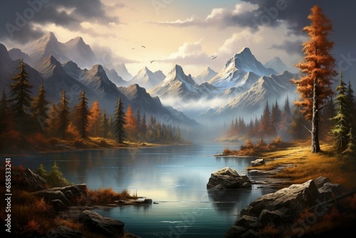 A tranquil fall scene of a calm lake embraced by majestic peaks and misty heavens, evoking an enchanting and mysterious ambiance. Generative AI