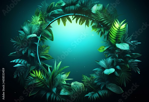 green neon ring around beautiful leaves, in the style of tropical landscapes, light sky-blue, screen format, dark paradise. generative AI