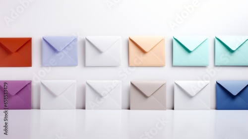 Foto A row of colorful envelopes on a white background