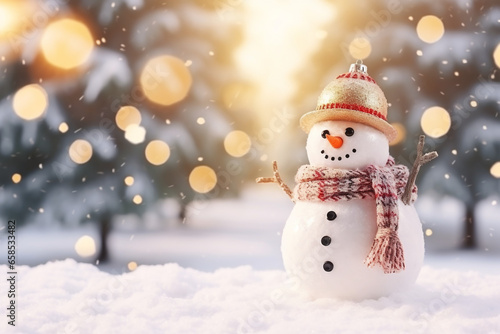 christmas decoration with cute cheerful snowman in winter © Samsul
