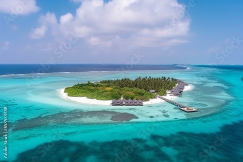 Stunning aerial view of beach, water, and vibrant colors in Maldives. Paradise scenery with water villas, sea, lagoon, and tropical nature. Perfect for summer vacation. Generative AI