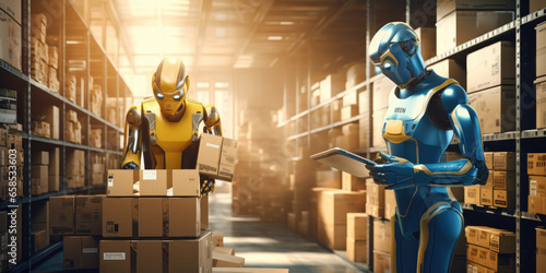 zwei Roboter sind in einem Lagerhaus beschäftigt, sie halten Kisten, two robots are involved in a warehouse, they are holding boxes
