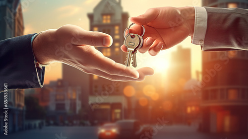 The salesperson is handing the keys to the new car owner