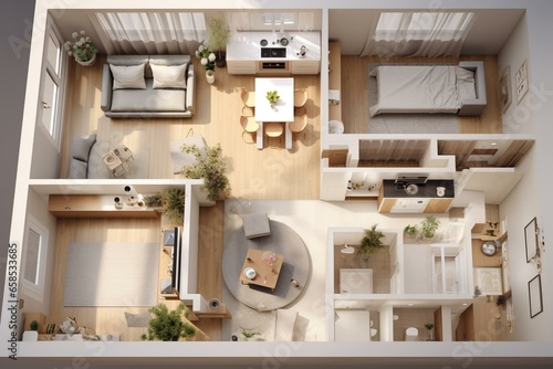 3D illustration of open concept living apartment layout  viewed from top. Generative AI