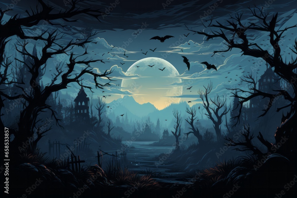 Illustration of a spooky Halloween themed background created with Generative AI technology