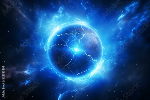 Vibrant backdrop with a radiant spheroid emitting blue lightning. Generative AI