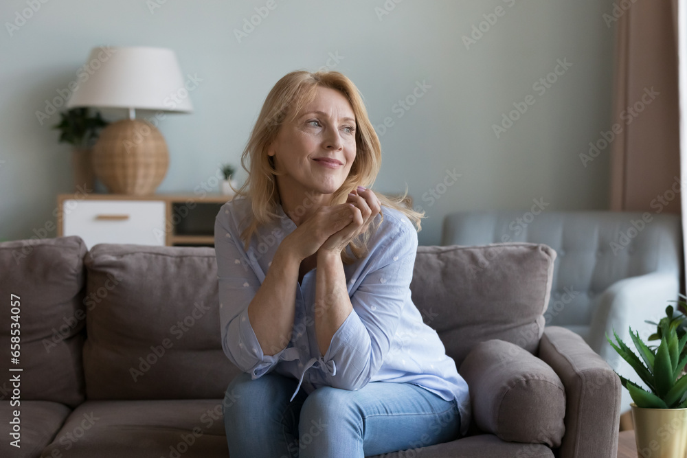 Happy older blonde 50s homeowner woman relaxing on home sofa, thinking, dreaming, looking at window away, smiling at good thoughts, plans, thinking over future retirement, enjoying leisure Happy older blonde 50s homeowner woman relaxing on home sofa, thinking, dreaming, looking at window away, smiling at good thoughts, plans, thinking over future retirement, enjoying leisure