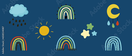 Cute colorful rainbows set in boho style. Childish flat vector illustration. Clouds, stars, sun and rainbows. T-shirt print design element, logo, sticker, postcard, invitation