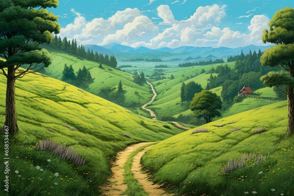 Fototapeta premium A road through a green field next to a wooded hillside. Generative AI