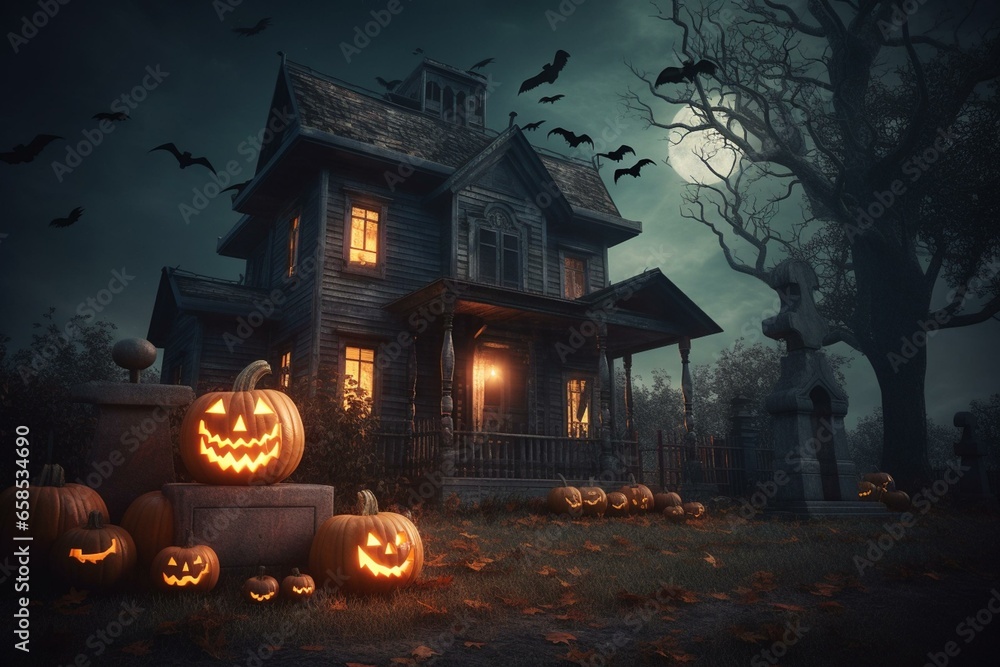 Spooky haunted house with lit pumpkins. Generative AI - obrazy, fototapety, plakaty 