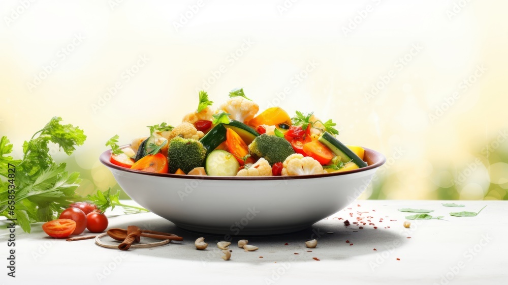 A fresh and healthy salad in a white bowl. The salad has cherry tomatoes, broccoli, carrots, and bell peppers, cut into small pieces and mixed together. A bunch of herbs adds flavor and aroma. A fresh and healthy salad in a white bowl. The salad has cherry tomatoes, broccoli, carrots, and bell peppers, cut into small pieces and mixed together. A bunch of herbs adds flavor and aroma.