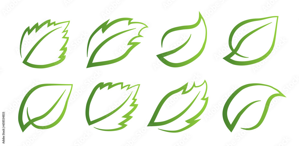 A set of green leaves on a white background, for logos, icons, designs, for the symbolism of the green planet A set of green leaves on a white background, for logos, icons, designs, for the symbolism of the green planet