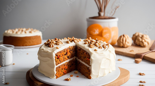 A carrot cake without frosting topped with walnuts on-a white wooden table in a cozy bright kitchen