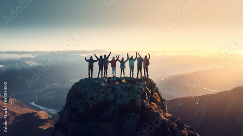 The idea of teamwork is illustrated as friends join hands near the mountain's peak photo