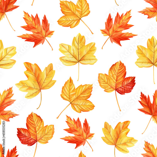 Autumn Seamless pattern watercolor. Colorful maple leaves background. Background for textile, design, wallpaper.