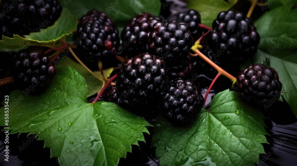 Ripe wet blackberries lying in a pile with green leaves. Harvesting. Ripe wet blackberries lying in a pile with green leaves. Harvesting.