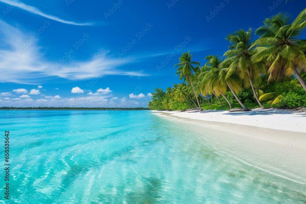 Vibrant tropical Maldives island with stunning beach, sea, and palm trees beneath a clear blue sky. Perfect for a memorable vacation. Generative AI