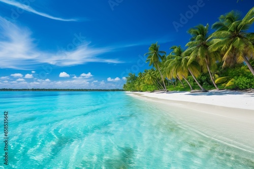 Vibrant tropical Maldives island with stunning beach, sea, and palm trees beneath a clear blue sky. Perfect for a memorable vacation. Generative AI © Amaryllis